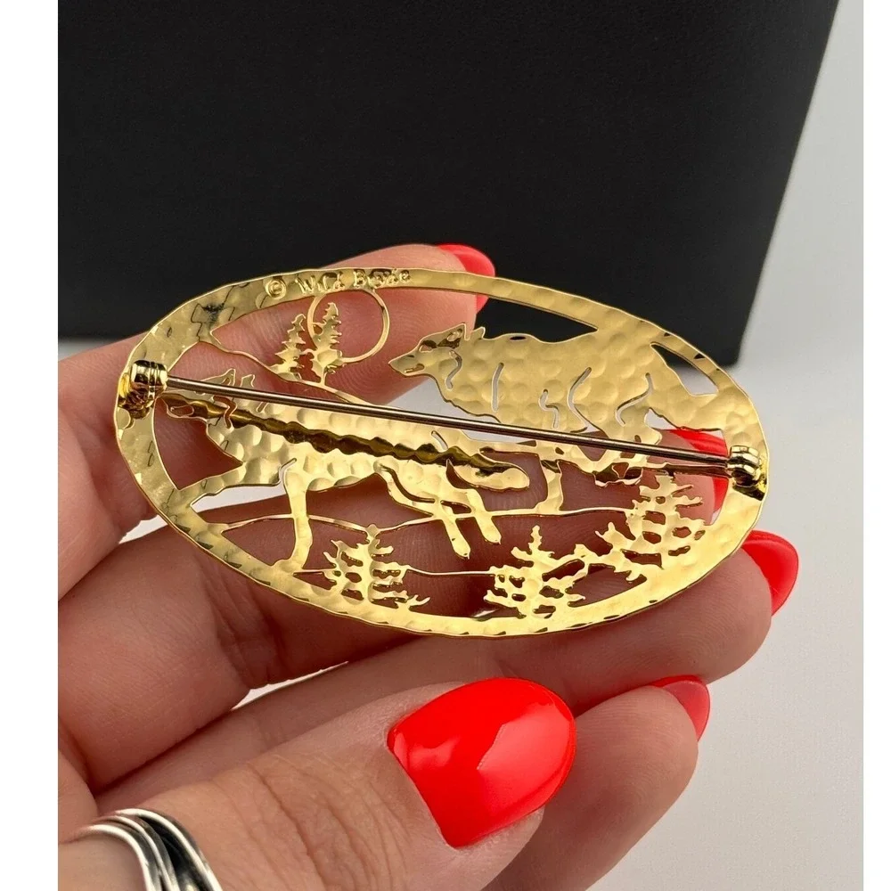 Wild Bryde Wolf Brooch Gold Tone Running Wolves Scenic Pin Vintage